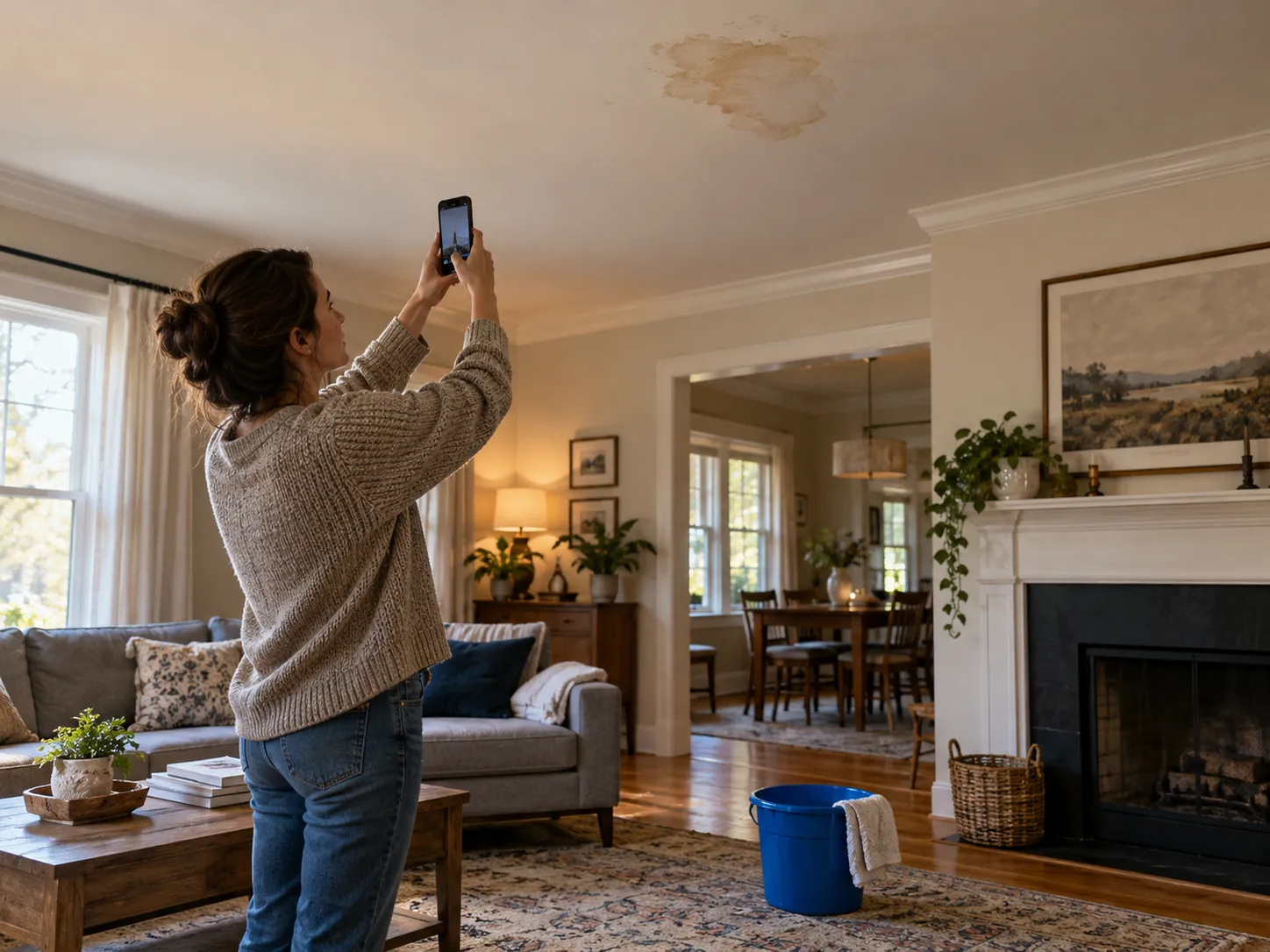 A homeowner checks a ceiling stain with a flashlight